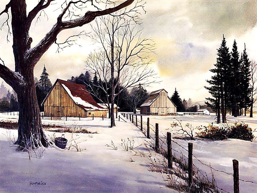 зимний пейзаж - снег, домик, пейзаж, живопись, мороз, деревня, зима, природа - оригинал