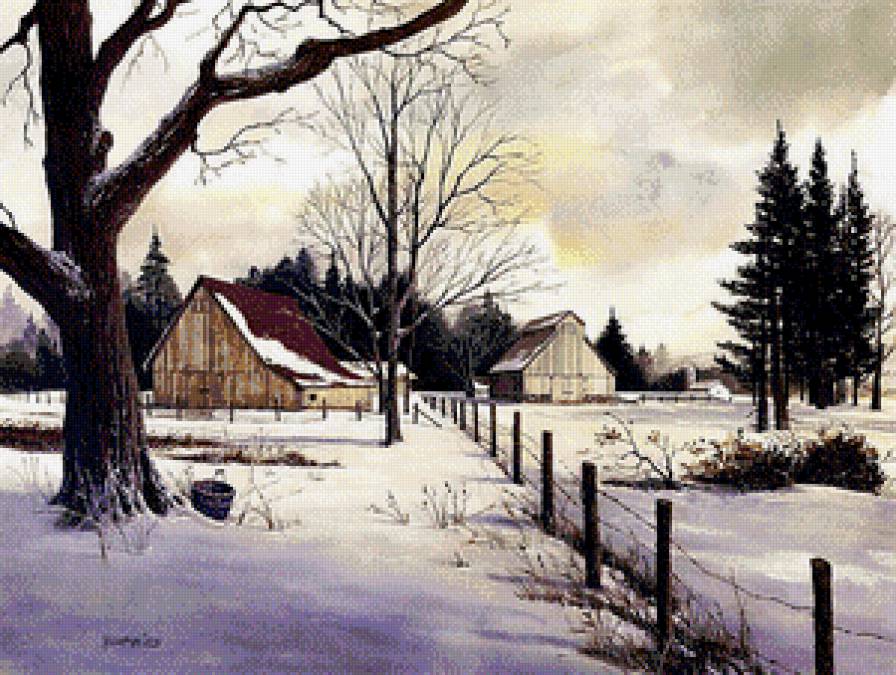 зимний пейзаж - природа, живопись, зима, домик, снег, мороз, деревня, пейзаж - предпросмотр