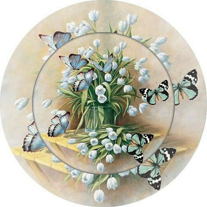 Бабочки и ландыши - круг, бабочки, цветы, букеты, тарелка - оригинал