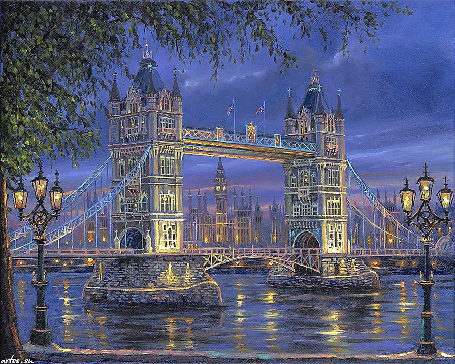 лондон вечером - вечер, мост, река, город, лондон, фонарь, англия, сумерки - оригинал