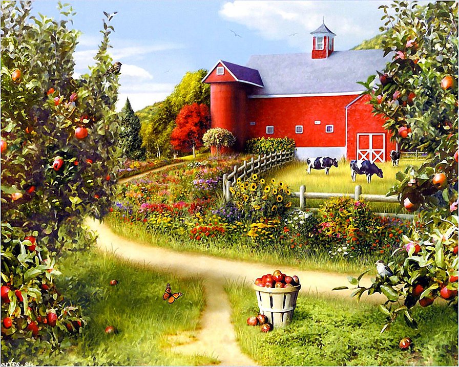 на ферме - лето, коровы, яблоки, урожай, цветы, ферма, пейзаж, природа - оригинал