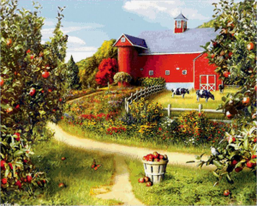 на ферме - яблоки, ферма, лето, урожай, коровы, цветы, природа, пейзаж - предпросмотр