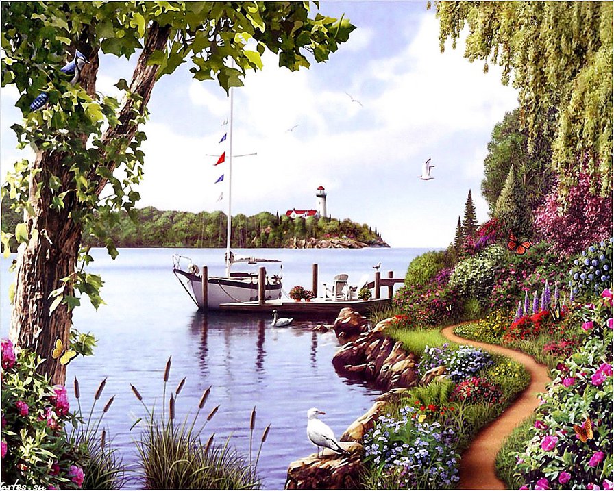 морская бухта - бухта, море, природа, маяк, цветы, сад, лето, чайки, пейзаж - оригинал