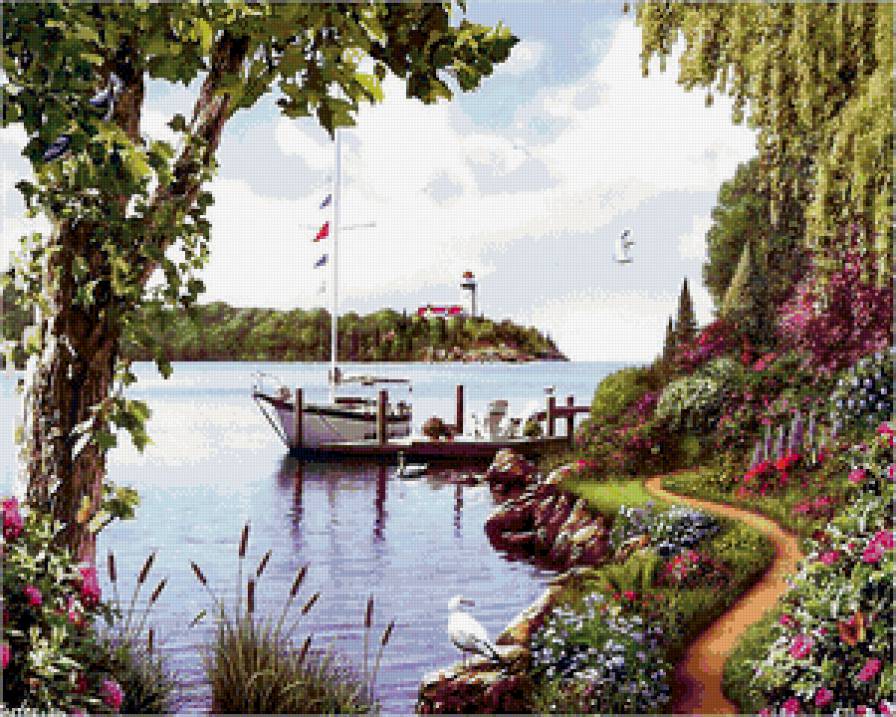морская бухта - маяк, сад, цветы, море, бухта, природа, лето, чайки, пейзаж - предпросмотр