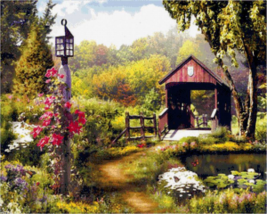 в саду - краски, мост, цветы, пейзаж, сад, лето, фонарь, живопись, пруд - предпросмотр