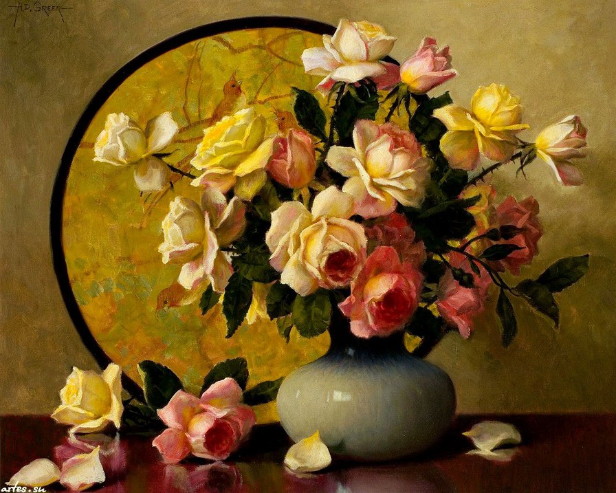 розы в вазе - цветы, ваза, нежность, розы, букет, живопись, натюрморт - оригинал