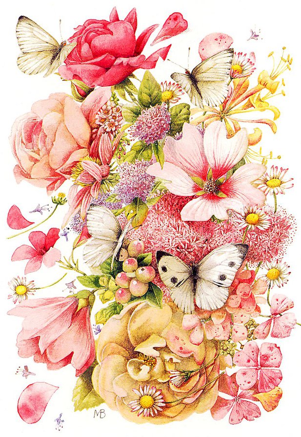 цветы и бабочки - картина, розы, цветы, букет, бабочки, ромашки - оригинал