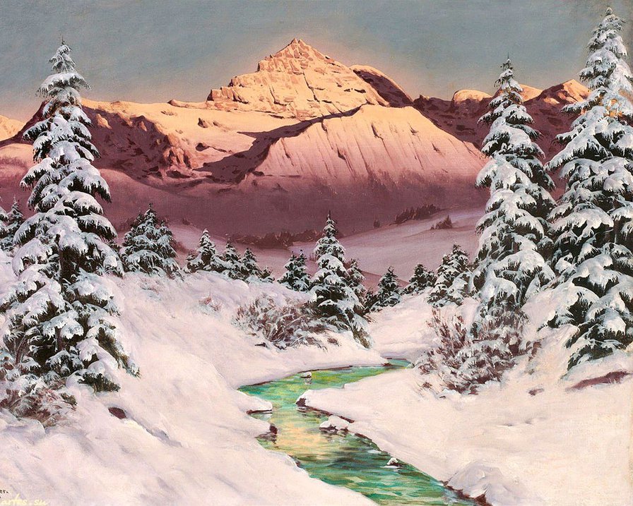 горный пейзаж - вечер, зима, альпы, природа, закат, снег, живопись, горы, пейзаж - оригинал