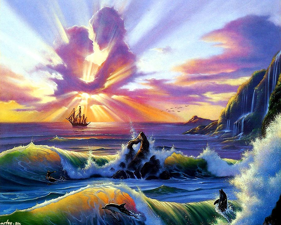 любовь и море - горы, любовь, дельфины, пара, море, парусник, волны, пейзаж - оригинал