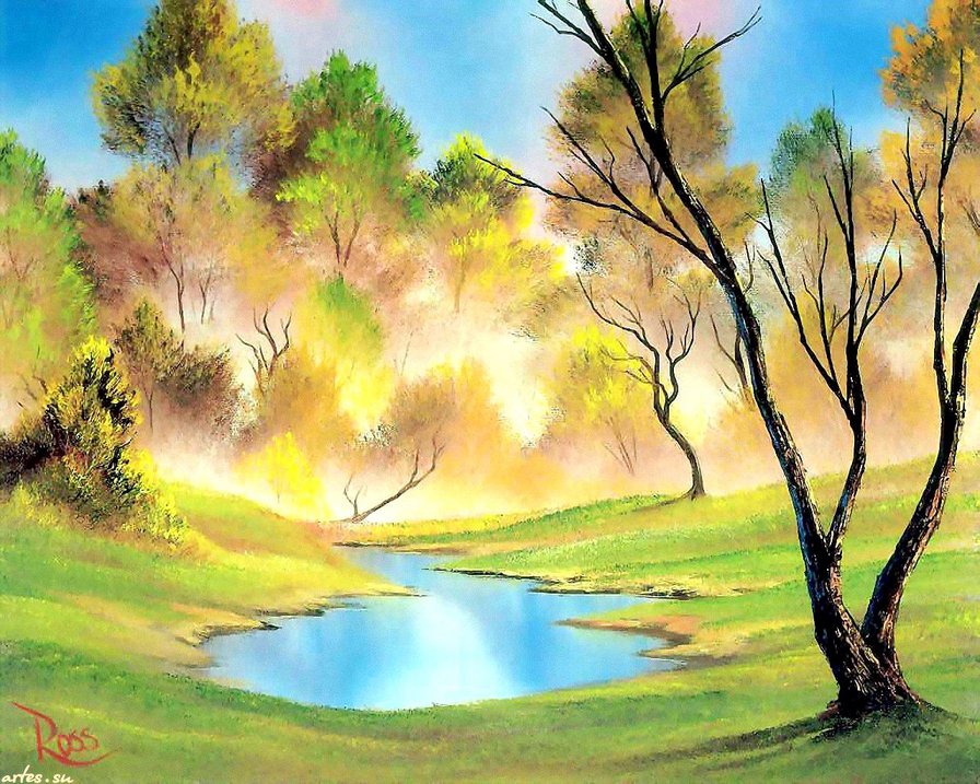 летний пейзаж с рекой - пейзаж, утро, живопись, дерево, река, лето, природа, лес, озеро - оригинал