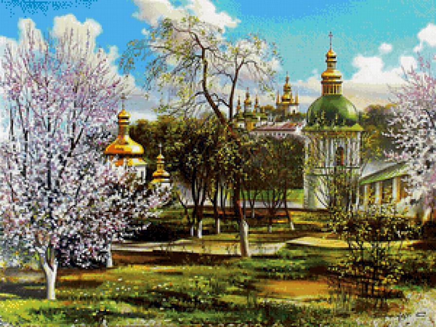 выдубический монастырь в киеве - купола, весна, киев, церковь, пейзаж, живопись, город, монастырь - предпросмотр
