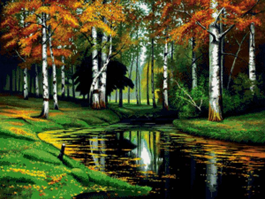 ранняя осень в берёзовой роще - лес, пейзаж, живопись, березы, осень, река, роща, природа - предпросмотр