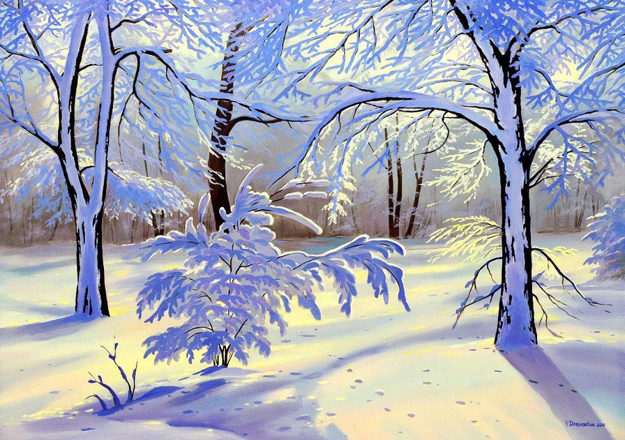 яркая зима - живопись, снег, природа, лес, зима, мороз, пейзаж - оригинал