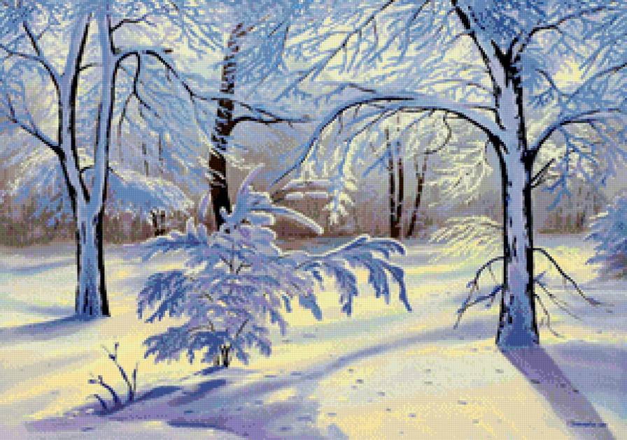 яркая зима - снег, пейзаж, лес, зима, мороз, природа, живопись - предпросмотр