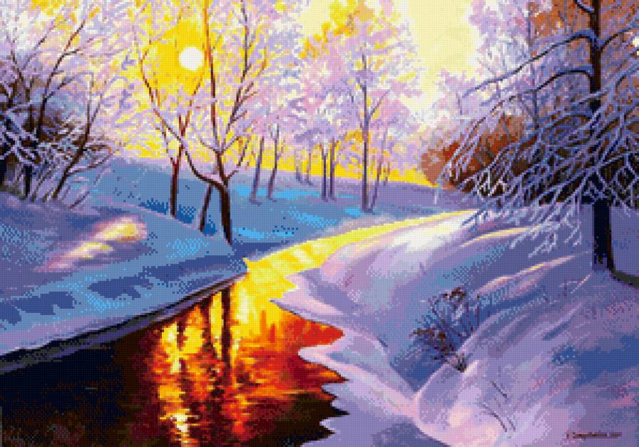 зимний вечер - снег, закат, река, живопись, пейзаж, природа, вечер, зима, мороз - предпросмотр