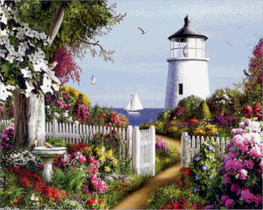 маяк и парусник - море, парус, пейзаж, цветы, акварель, чайка, маяк, сад - предпросмотр