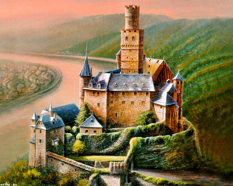 средневековый замок - живопись, замок, остров, пейзаж, лес, природа, озеро - оригинал
