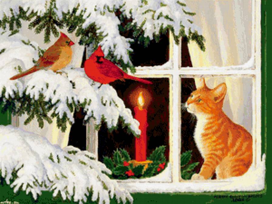 новый год в окне - окно, птицы, пара, новый год, котик, ель, свеча, снег - предпросмотр