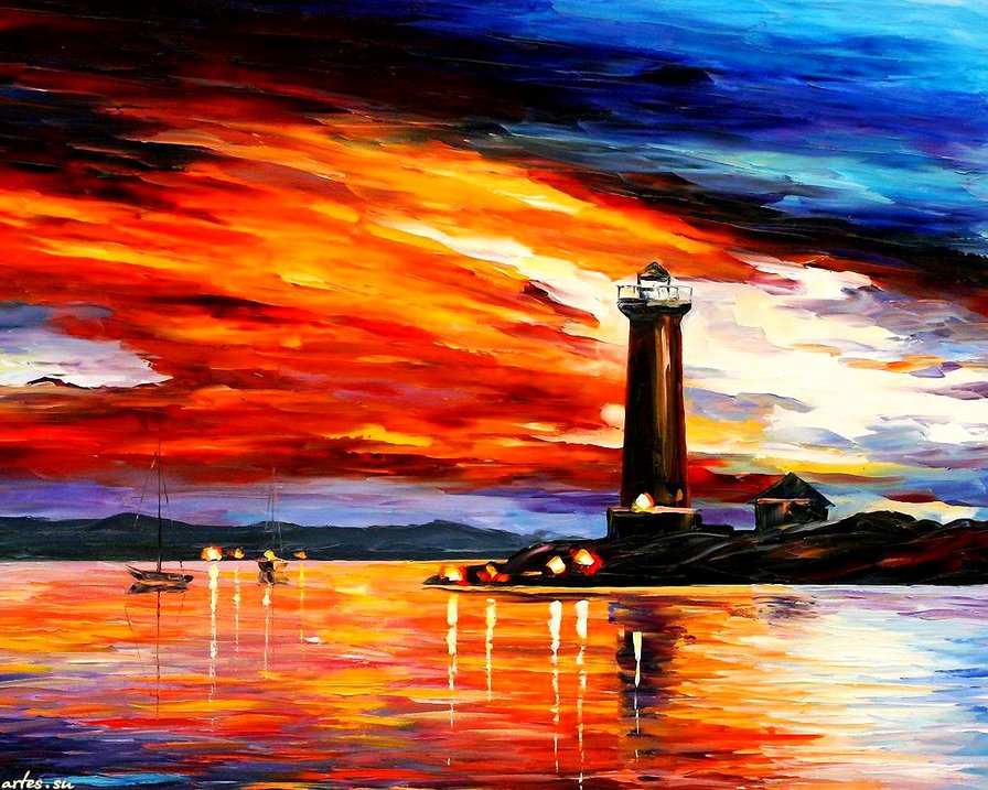 маяк - маяк, живопись, вечер, море, краски, закат - оригинал