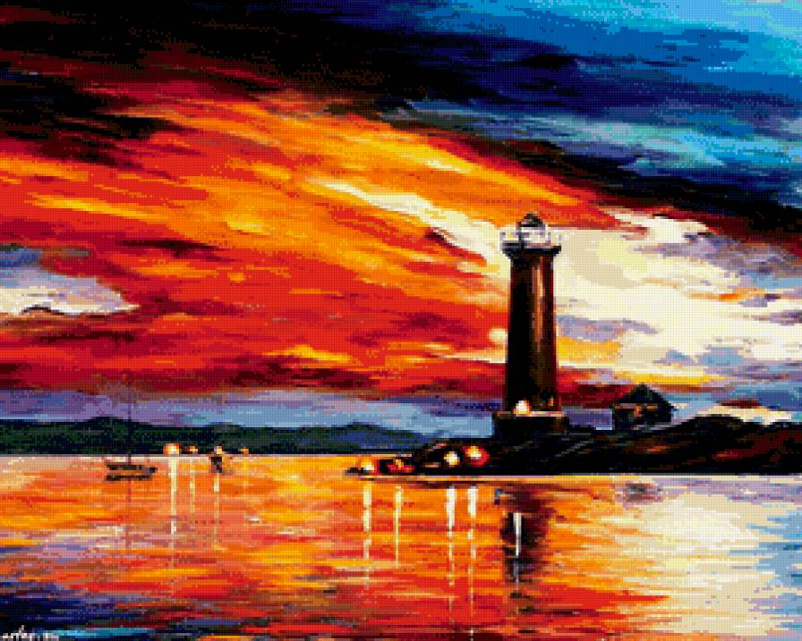 маяк - краски, вечер, маяк, море, живопись, закат - предпросмотр