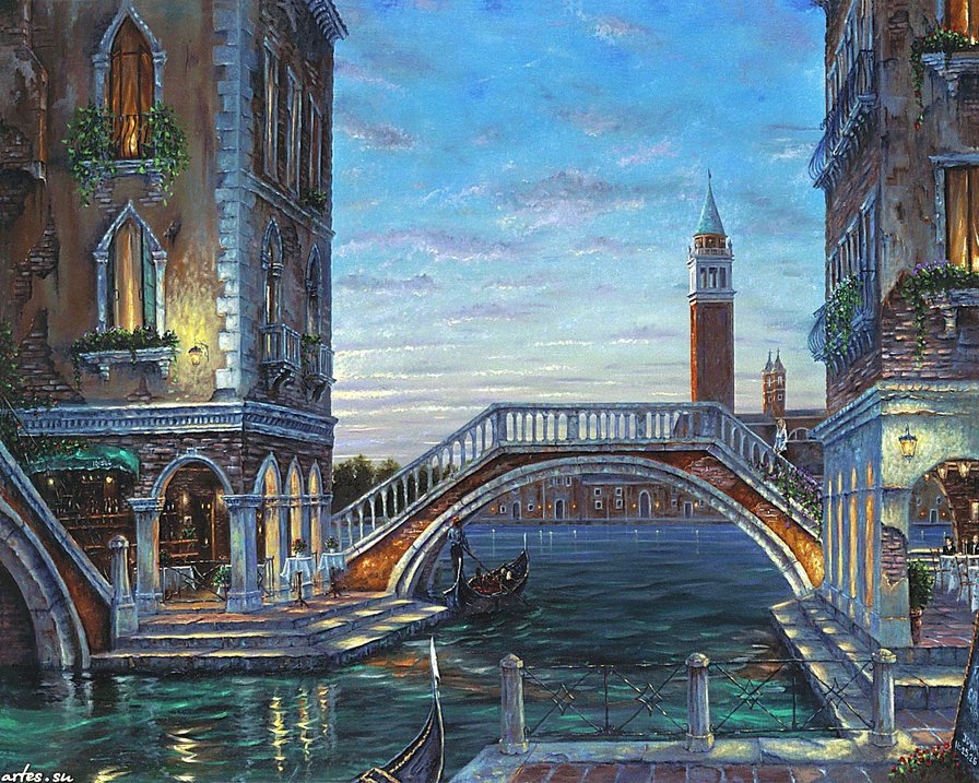 вечерняя венеция - город, венеция, фонари, пейзаж, сумерки, италия, вечер, гондола - оригинал