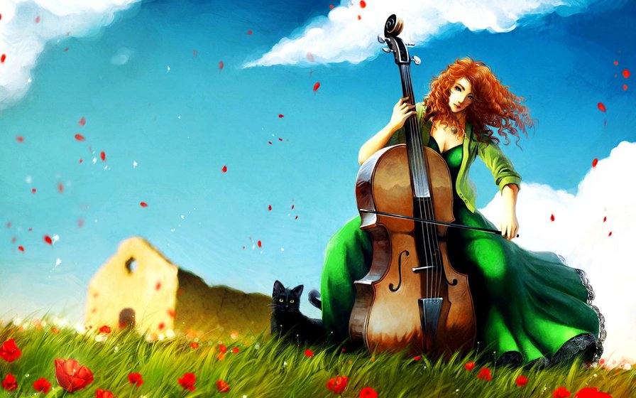 девушка с виолончелью - девушка, женщина, виолончель, искусство, музыка, арт, кот - оригинал