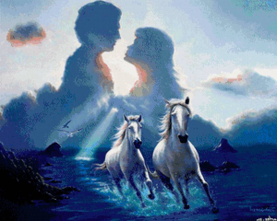 вместе навсегда - волны, верность, лошади, пара, небо, любовь, закат, океан, море - предпросмотр