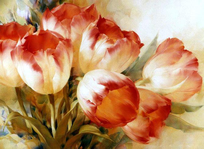 Триптих "Тюльпаны" Игоря Левашова ч.ц. - тюльпаны, цветы - оригинал