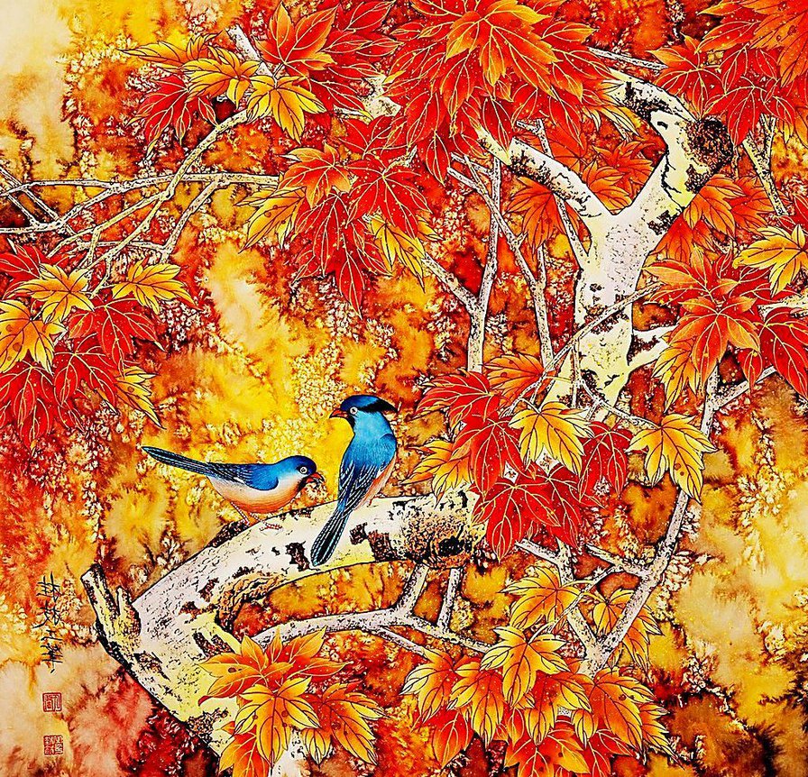 птицы на дереве в японском стиле - дерево, клен, пара, восток, осень, япония, семья, ветка, птицы - оригинал