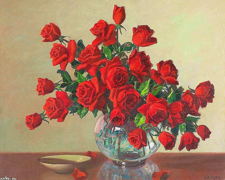 красные розы в стеклянной вазе - ваза, живопись, розы, натюрморт, букет - оригинал