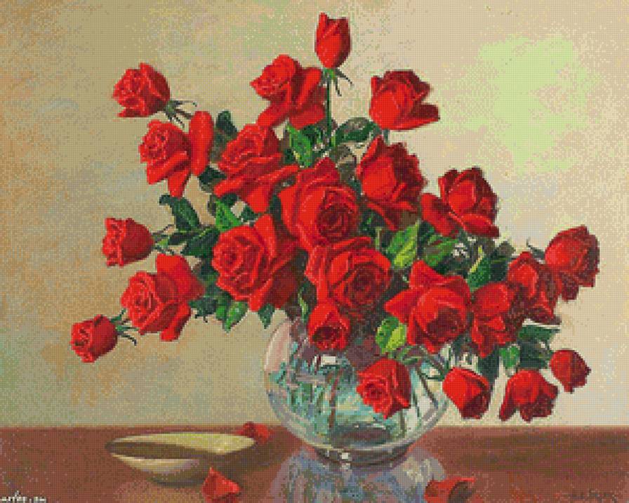 красные розы в стеклянной вазе - натюрморт, букет, ваза, живопись, розы - предпросмотр