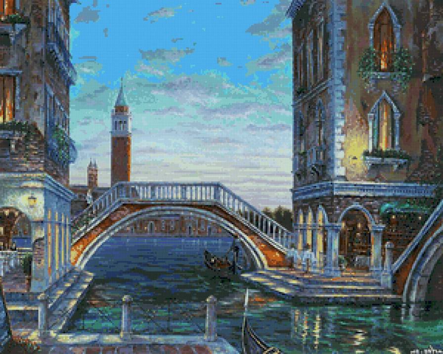 вечерняя венеция - живопись, италия, вечер, гондола, венеция, сумерки, закат, мост - предпросмотр