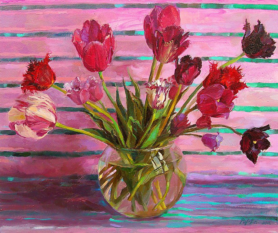 весенние тюльпаны - натюрморт, ваза, весна, живопись, тюльпаны, букет, цветы - оригинал