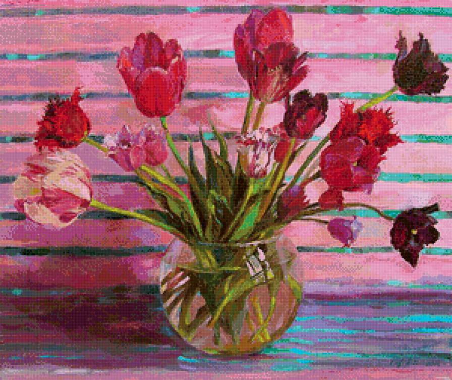 весенние тюльпаны - тюльпаны, весна, живопись, натюрморт, цветы, ваза, букет - предпросмотр