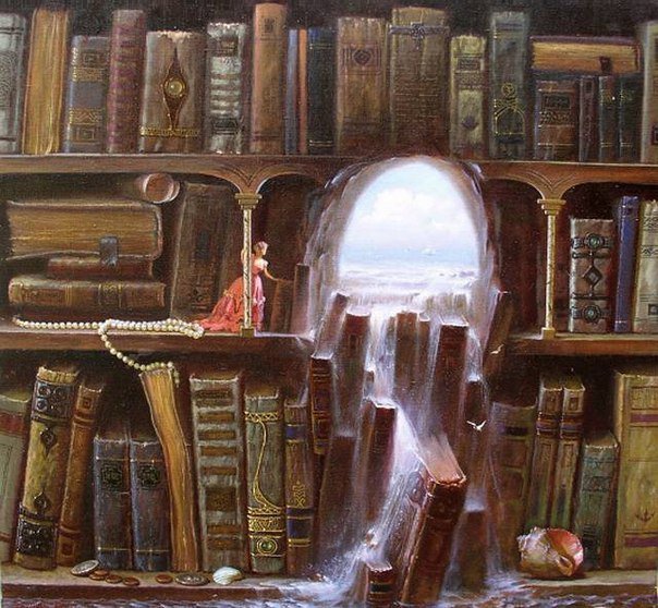 Книжная сказка - книги, леди, вода, девушка, море, принцесса, фэнтези, полки - оригинал