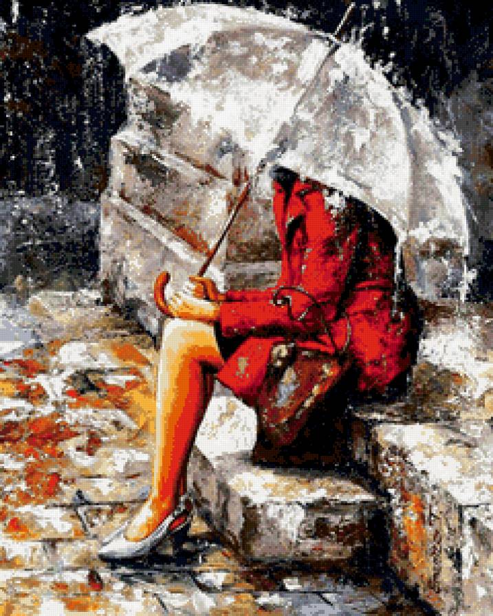 девушка под зонтом - зонт, девушка, грусть, красота, женщина, живопись, дождь - предпросмотр