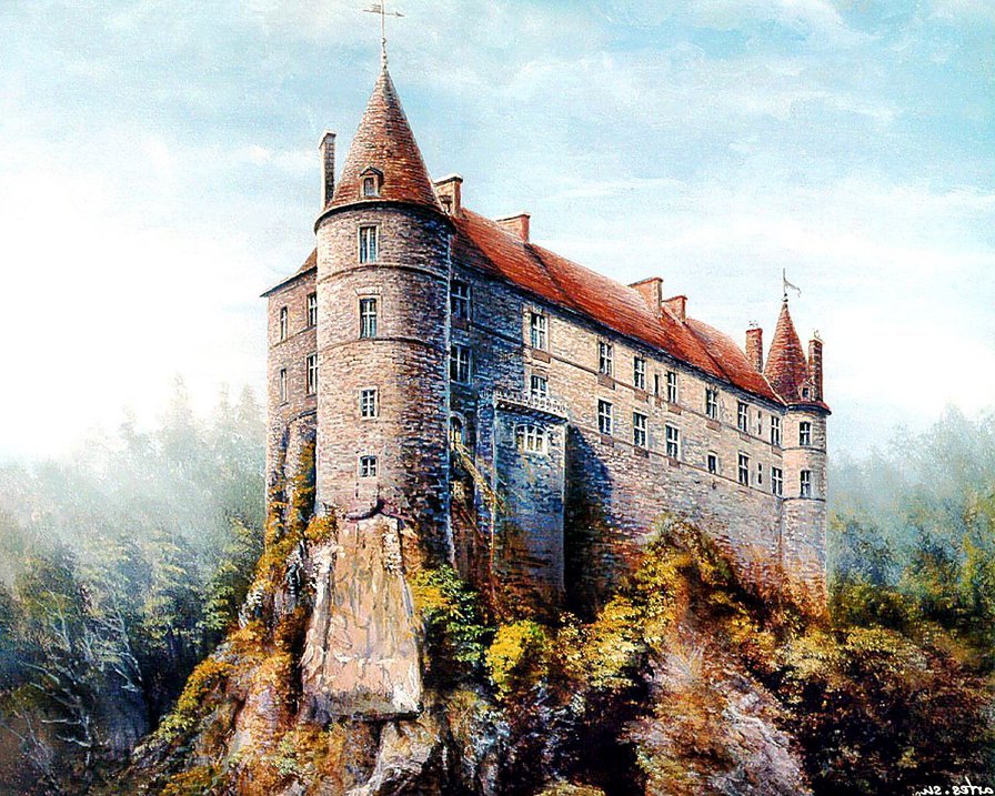 средневековый замок - сказка, живопись, пейзаж, замок, осень, франция, картина - оригинал
