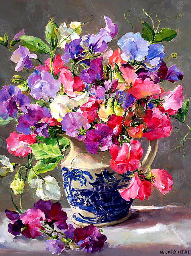 красочная петуния в вазе - букет, живопись, ваза, петуния, цветы, натюрморт - оригинал