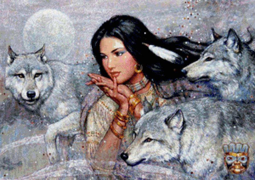 индианка с волками - женщина, животные, девушка, природа, волки, индианка - предпросмотр