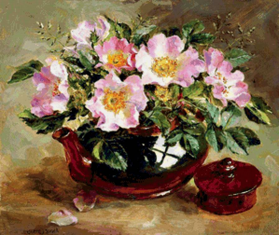 цветы шиповника в чайнике - шиповник, букет, натюрморт, чайник, живопись, розы, цветы - предпросмотр