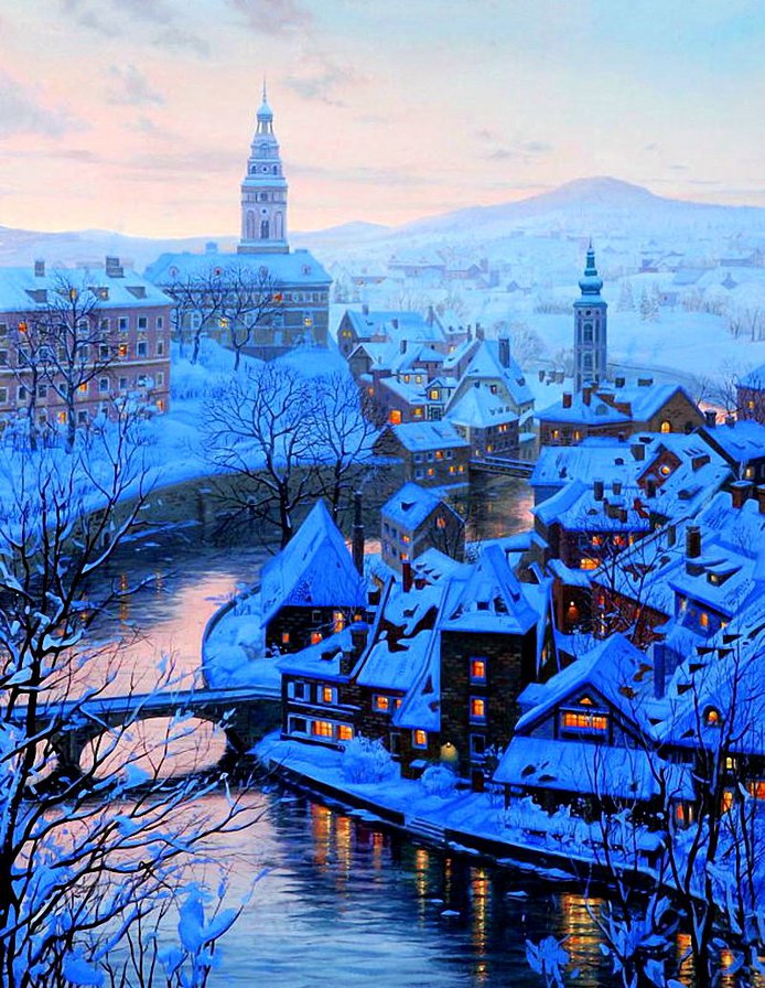 зима в городе - мост, пейзаж, река, зима, снег, город, вечер, сумерки, крыши - оригинал
