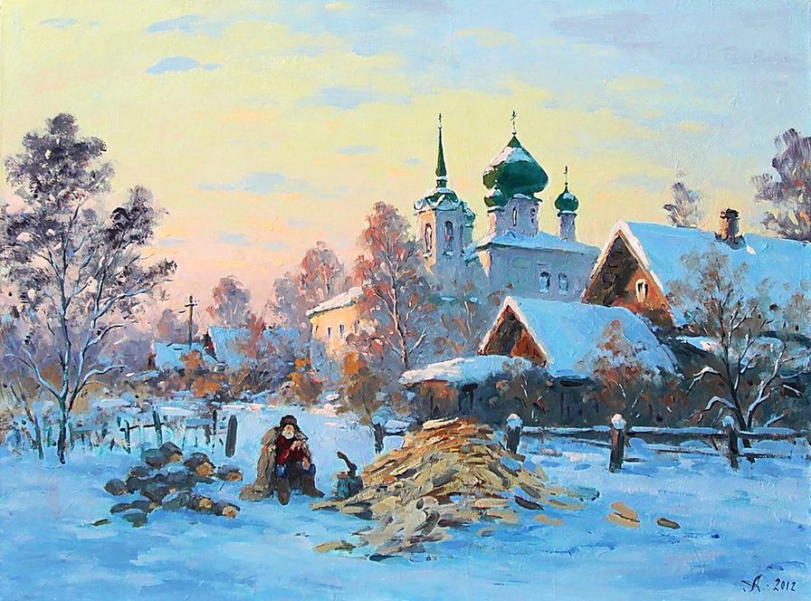 деревенский пейзаж - зима, природа, живопись, село, пейзаж, церковь, снег, деревня - оригинал