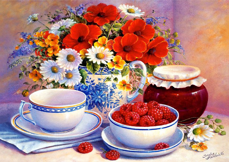 натюрморт с малиной и цветами - еда, ваза, малина, ягоды, букет, натюрморт, цветы, кухня, мак - оригинал