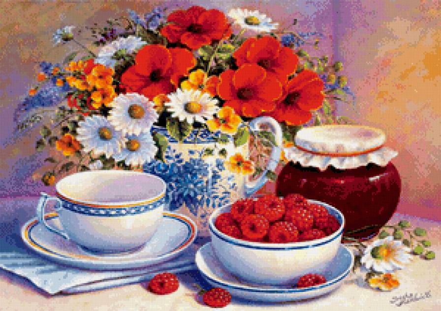 натюрморт с малиной и цветами - ягоды, цветы, мак, кухня, натюрморт, еда, малина, букет, ваза - предпросмотр