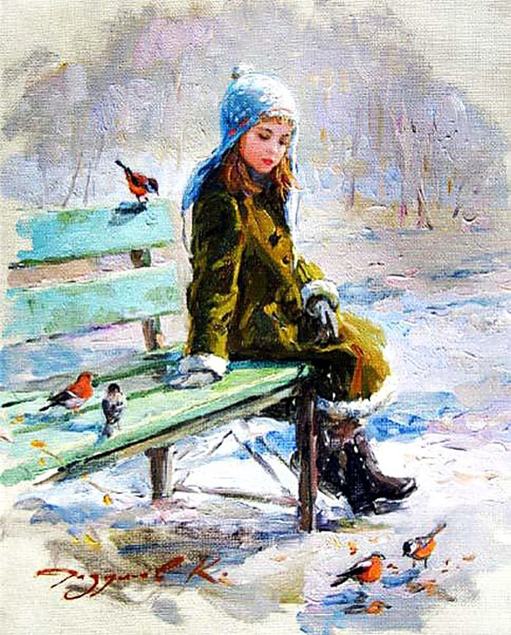 девочка и снегири - скамейка, девочка, ребенок, живопись, зима, снегири - оригинал
