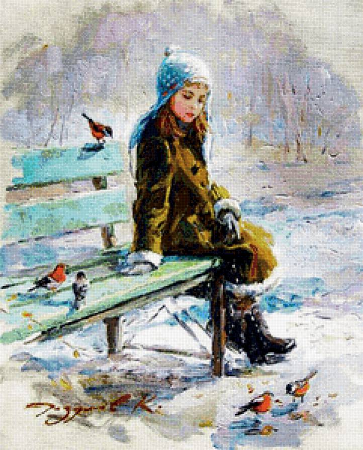 девочка и снегири - зима, снегири, живопись, скамейка, ребенок, девочка - предпросмотр