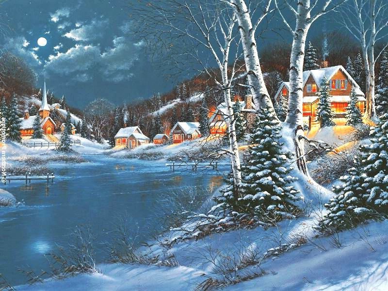 лунная зимняя ночь в деревне - ночь, снег, деревня, живопись, домик, луна, природа, зима - оригинал