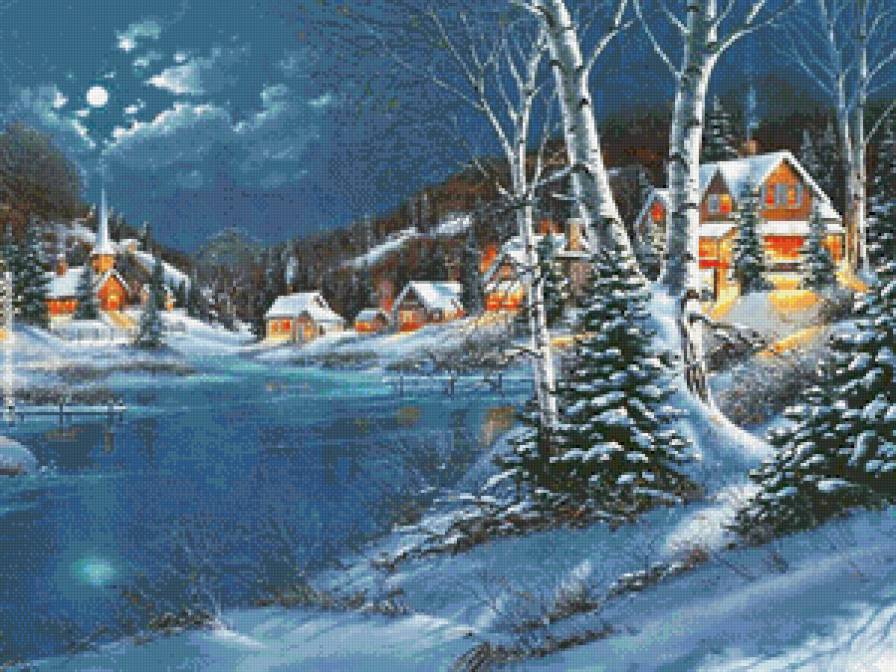 лунная зимняя ночь в деревне - природа, ночь, деревня, зима, домик, живопись, снег, луна - предпросмотр