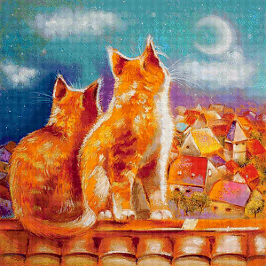 пара романтических кошек - крыши, романтика, кошки, любовь, город, месяц, ночь, пара - предпросмотр