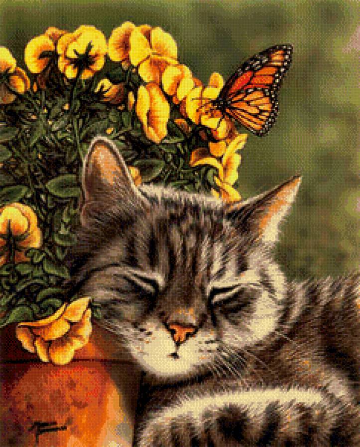 Серия "Домашние любимцы" - кот, сон, цветы, бабочка - предпросмотр